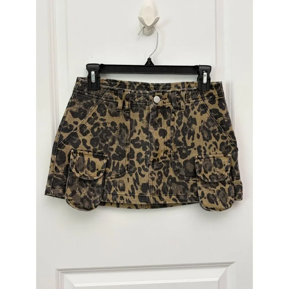 New Y2K Leopard Print Denim Micro Mini Skirt XS Cargo Utility Brown Indie Sleaze